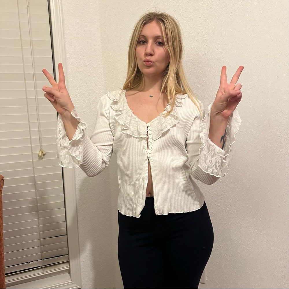 Vintage White Y2K Lace Puff Sleeve Blouse